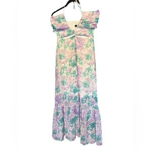 Women's Floral Halter Maxi Dress Cut Outs Tie Front Purple White Green Size L